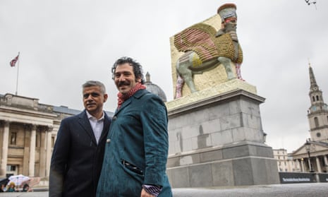 The London mayor, Sadiq Khan, and the artist Michael Rakowitz in front of his sculpture in Trafalgar Square