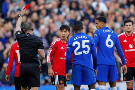 Lisandro MartÃÂnez is shown a red card
