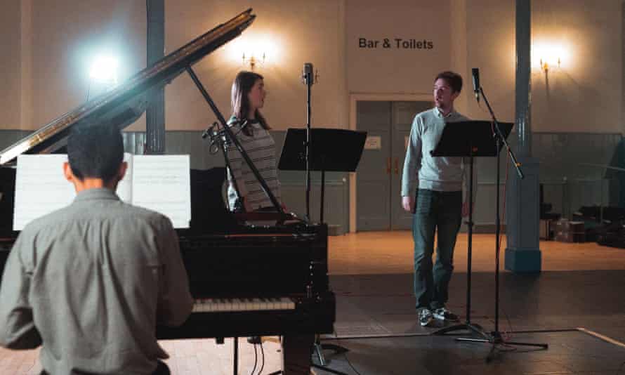 Helen Charlston, Michael Craddock and Alexander Soares (piano) recording Isolation Songs.