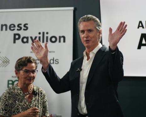 California Gov. Gavin Newsom gestures as he arrives for an event with Christiana Figueres, former U.N. climate chief who led the 2015 Paris accord.