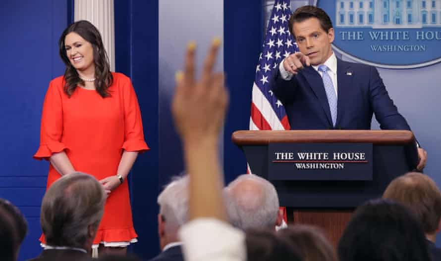 Anthony Scaramucci with Sarah Huckabee Sanders who replaced White House press secretary Sean Spicer, who quit following Scaramucci’s appointment as communications director, at the White House in July 2017