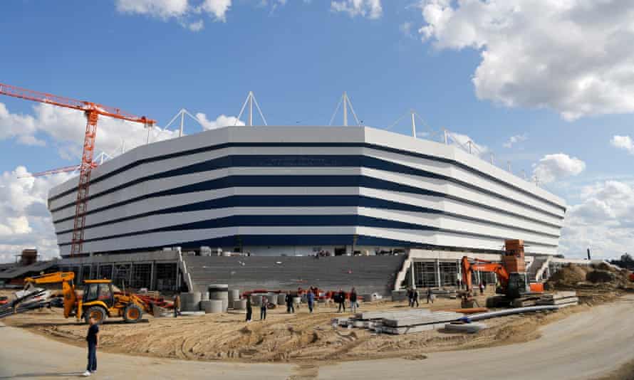 Construction work goes on outside the stadium in Kaliningrad.