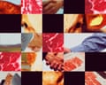 Grid of square images alternating between close-ups of a cow, raw beef, meat in a refrigerated display, and people shaking hands