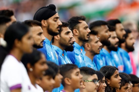 The India players line up for the national anthems ahead of the men’s T20 World Cup semi-final.