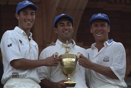 Ben and Adam join Alec Stewartto celebrate winning the B&H trophy at Lord’s in 1997.