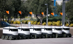 A cluster of Starship robots on the Intuit campus in early March.