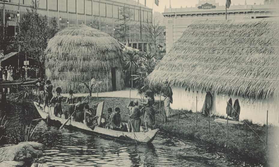 View of Congolese mock village with pond, Antwerp, 1894.