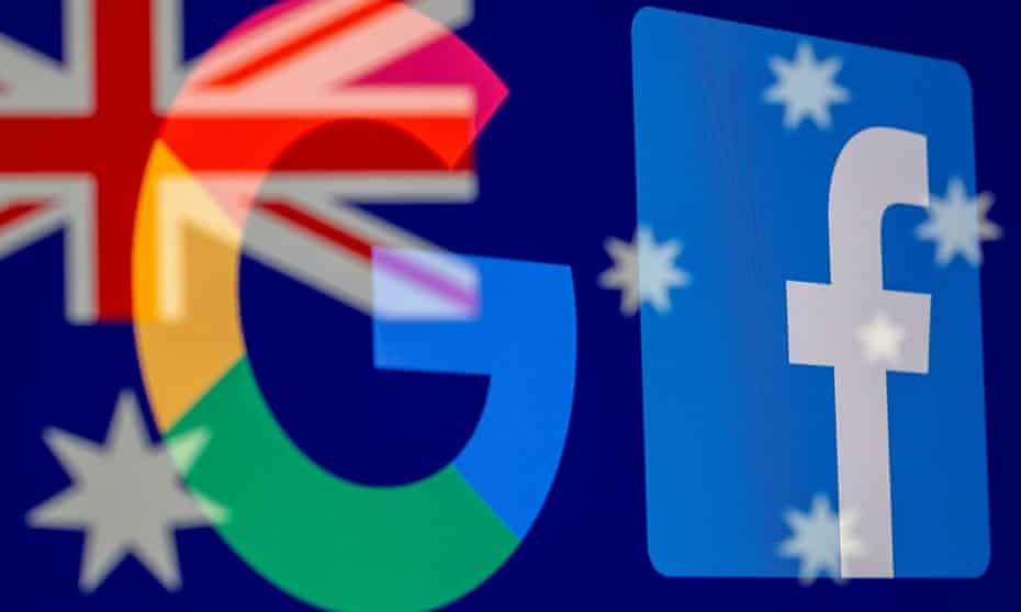 The Google and Facebook logos and the Australian flag are displayed in this illustration photo