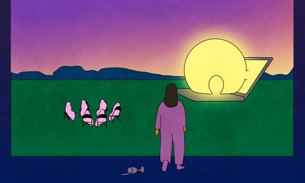 Illustration shows woman having dropped glass of wine, looking out at a landscape with a giant laptop emitting light, and a circle of people in chairs