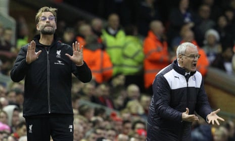 Liverpool's German manager Jurgen Klopp (L) and Leicester City's Italian manager Claudio Ranieri (R) gesture from the touchline during the English Premier League football match between Liverpool and Leicester City at the Anfield stadium in Liverpool, north-west England on December 26, 2015. Liverpool won the game 1-0.  AFP PHOTO / LINDSEY PARNABY

RESTRICTED TO EDITORIAL USE. No use with unauthorized audio, video, data, fixture lists, club/league logos or 'live' services. Online in-match use limited to 75 images, no video emulation. No use in betting, games or single club/league/player publications.LINDSEY PARNABY/AFP/Getty Images
