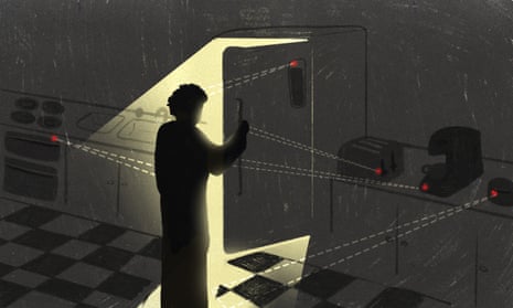 The illustration shows a figure opening a fridge in the dark, with kitchen devices tracking the movement.