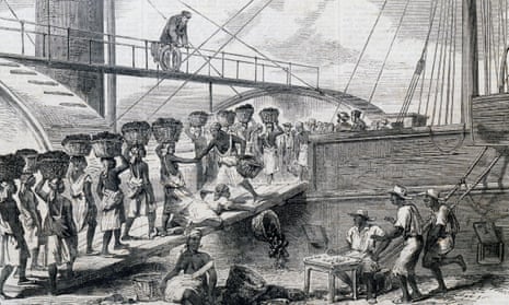 An illustration depicting slaves loading coal in Morant Bay, Jamaica, in the 18th century.