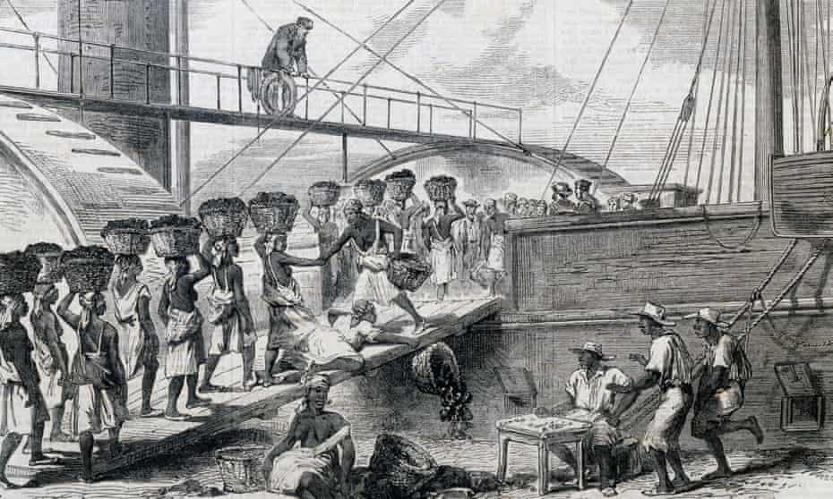 Slaves load coal in 18th-century Morant Bay, Jamaica.