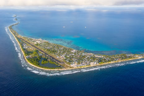 An aerial view of Fongafale island, the home to the Tuvaluan capital of Funafuti