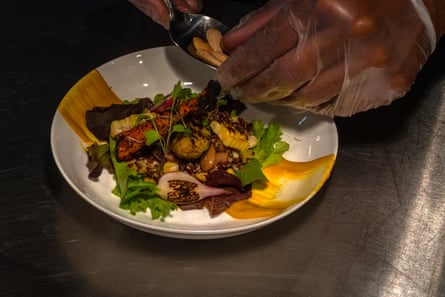 A closeup view of a plate of food with salad greens and corn. Gloved hands add a finishing touch to the plate.