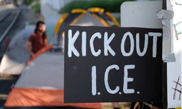 Protesters in Portland, Oregon, pitch tents outside the Immigration and Customs Enforcement (Ice) office.