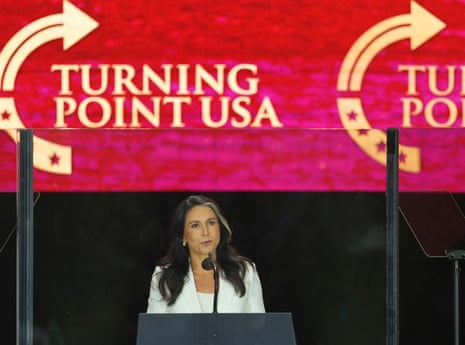 Director of National Intelligence Tulsi Gabbard speaks at a memorial for Charlie Kirk, Sunday, Sept. 21, 2025, at State Farm Stadium in Glendale, Arizona.