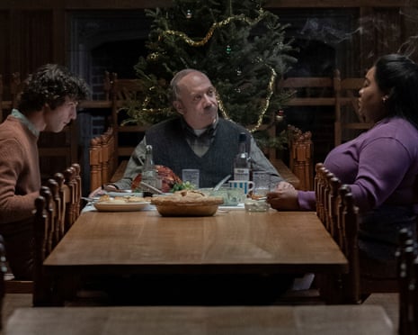 This image released by Focus Features shows Dominic Sessa, from left, Paul Giamatti and Da'Vine Joy Randolph in a scene from "The Holdovers." (Seacia Pavao/Focus Features via AP)