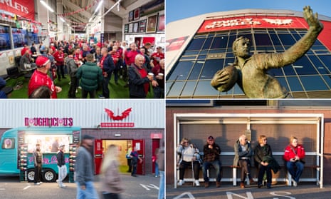 A composite of four pictures showing fans in a concourse outside Scarlets' stadium, the statue outside the stadium, fans at a bus stop and by a doughnut van