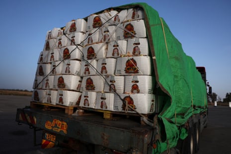 A food aid truck sits near the entrance to the Kerem Shalom border crossing on Friday.