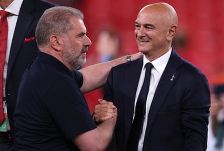 Daniel Levy congratulates Ange Postecoglou after victory for Spurs in last season’s Europa League final.