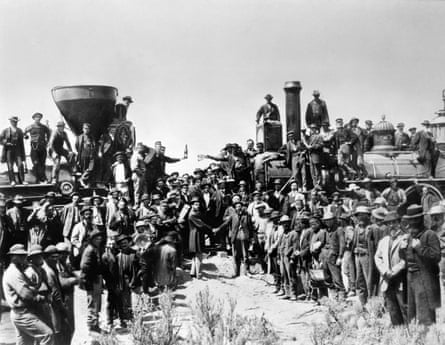 A group photo commemorating the ceremonial driving of the ‘golden spike’ to complete the First Transcontinental Railroad, at Promontory Point, Utah, USA, 10th May 1869
