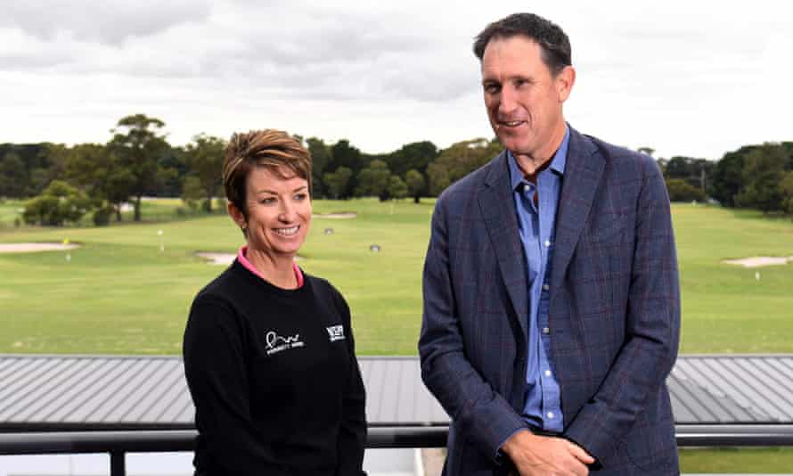 Australian golfer Karrie Webb chats with Golf Australia CEO James Sutherland