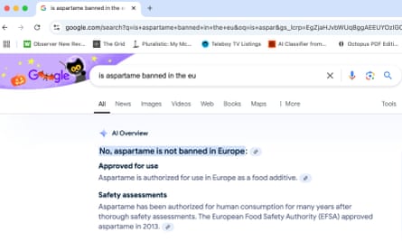 Google AIâs reponse to the question âIs aspartame banned in Europe?â
