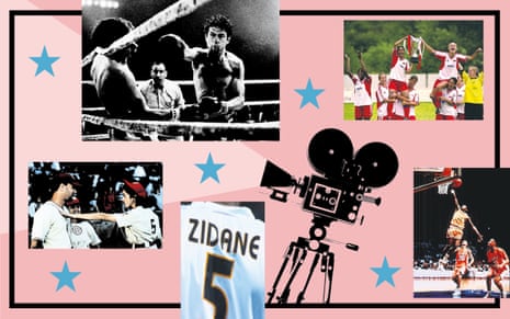Clockwise from left: Tom Hanks, Rosie O’Donnell and Madonna in A League of Their Own (1992), Robert De Niro in Raging Bull (1980), Bend It Like Beckham (2002), Hoop Dreams (1994), Zidane: A 21st Century Portrait (2006).
