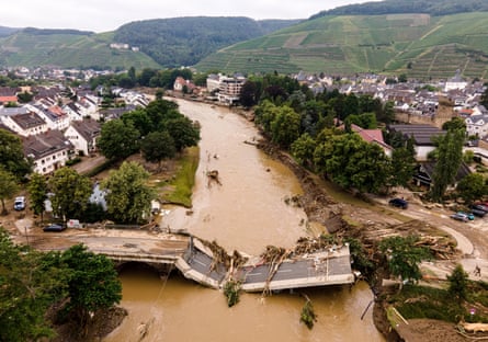 An aerial view taken with a drone shows a damaged bridge in Bad Neuenahr-Ahrweiler, Germany.