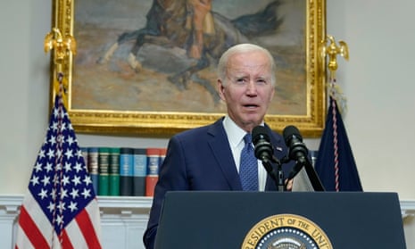 Joe Biden speaks in the Roosevelt Room of the White House on 28 May. 