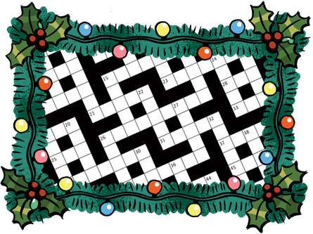 Illustration d'une grille de mots croisés à l'intérieur d'un cadre de houx et de lumières de Noël