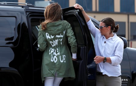 U.S. first lady Melania Trump walks from her to her motorcade wearing a Zara design jacket with the phrase “I Really Don’t Care. Do U?” on the back as she returns to Washington from a visit to the U.S.-Mexico border area in Texas, at Joint Base Andrews, Maryland, U.S., June 21, 2018.
