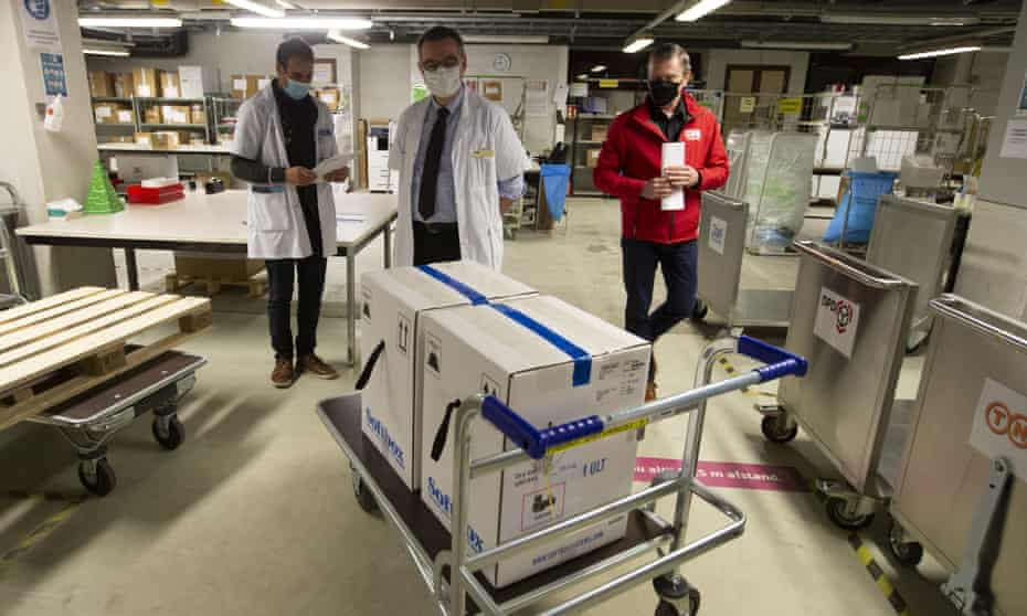 Part of a Covid-19 vaccine shipment at a hospital in Leuven, Belgium, in late December