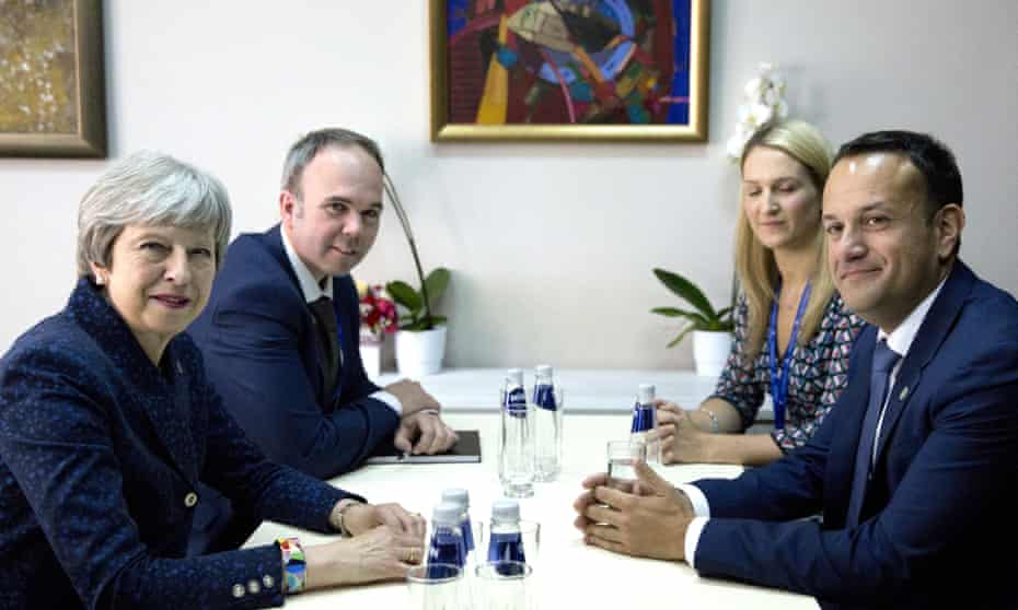 Theresa May, front left, meets with taoiseach Leo Varadkar, front right, on the sidelines of a summit in Bulgaria.