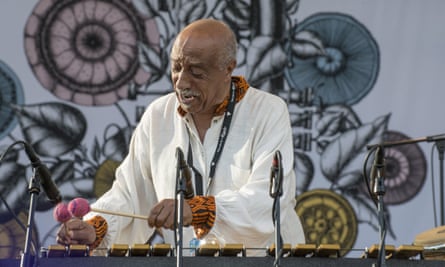 Jazz legend in Ethiopia, Mulatu Astatke plays the vibes at an outdoor festival.