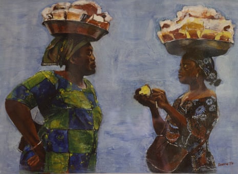 Two African women with bowls on their heads piled high with goods look at each other.