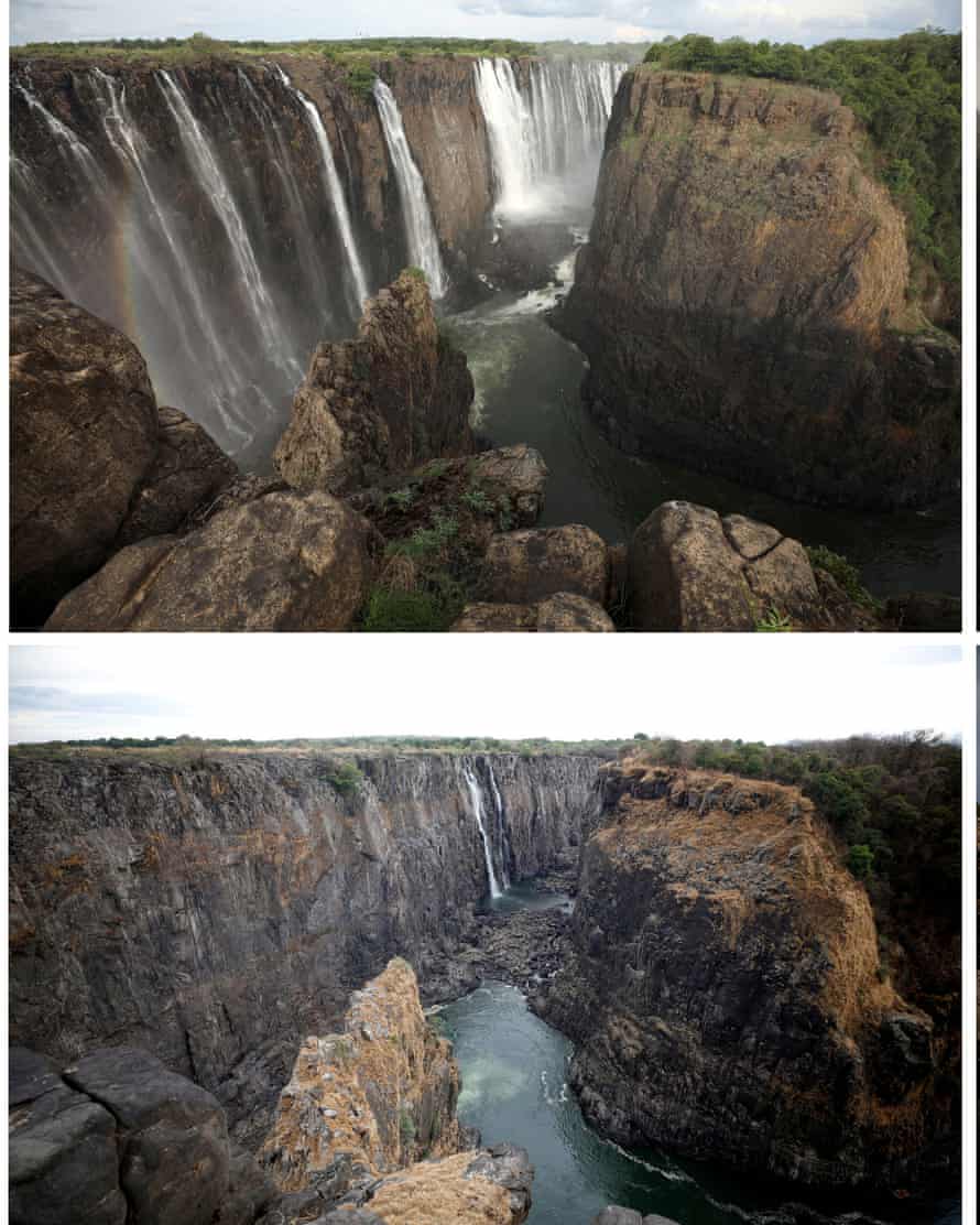 A combination photo of water flow at Victoria Falls before (top) and this week