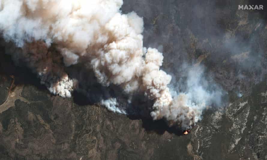 A satellite image provided by Maxar Technologies shows the active fire lines of the Hermits Peak wildfire, in Las Vegas, New Mexico, on 11 May.