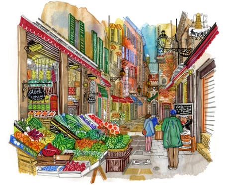 Narrow street and fruit and veg stall