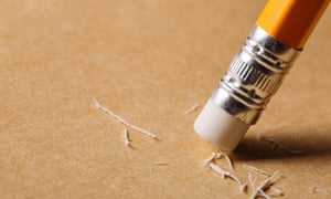 A pencil eraser removing a written mistake on a piece of paper.
