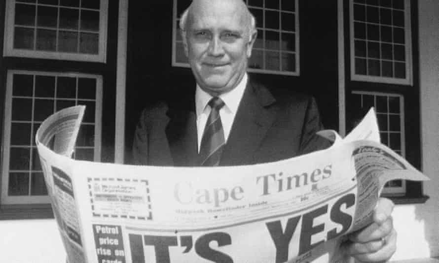 FW de Klerk issues posthumous apology for pain of apartheid | South Africa 3 FW de Klerk displays a copy of a local newspaper with a headline declaring a “Yes” result in a referendum vote to end apartheid.