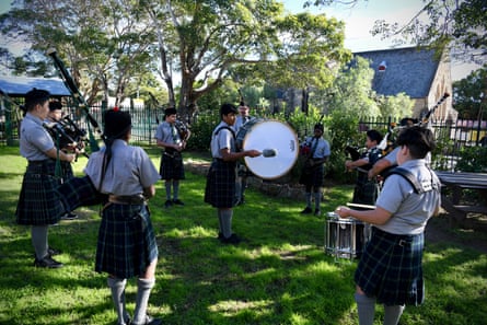Students in the bagpipe band at Granville Boys high school in Sydney.