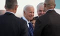 Joe Biden talks to people welcoming him after stepping off Air Force One in Las Vegas, Nevada.