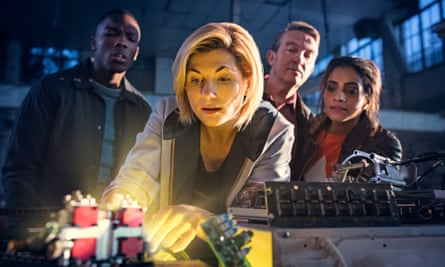 Jodie Whittaker as Doctor Who with co-stars Tosin Cole, Bradley Walsh and Mandip Gill.