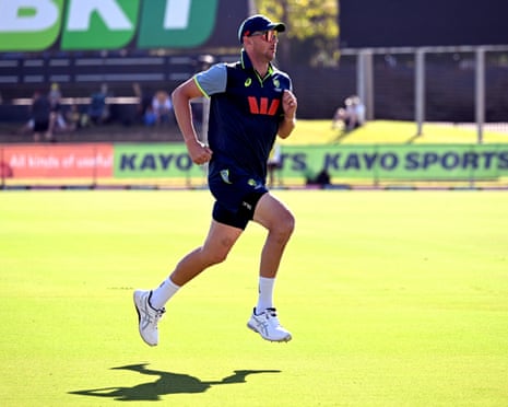 Josh Hazlewood warms up before play on day two of the first Test between Australia and Bangladesh