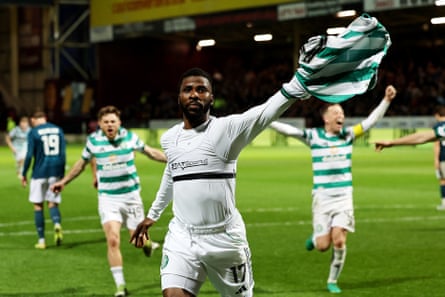 Kelechi Iheanacho waves his shirt after scoring Celtic's late winner