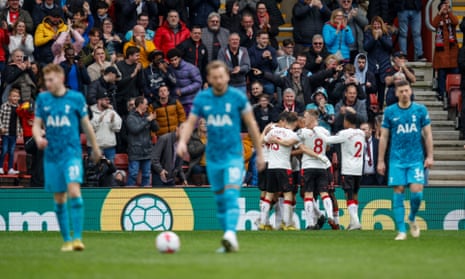 Southampton’s Che Adams is congratulated after scoring his side’s equaliser against Tottenham.