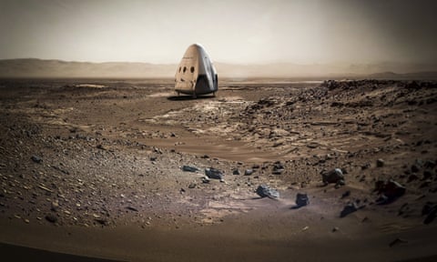 An artists rendering of Elon Musk’s SpaceX dragon capsule on the planet Mars. 