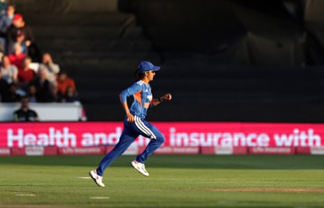 India's Jemimah Rodrigues celebrates catching out England's Sophia Dunkley.